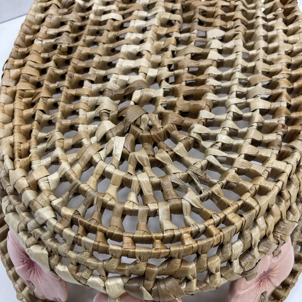 Rare Vintage Woven‎ Raffia Market With Porcelain Hibiscus Flower Adornment 11'